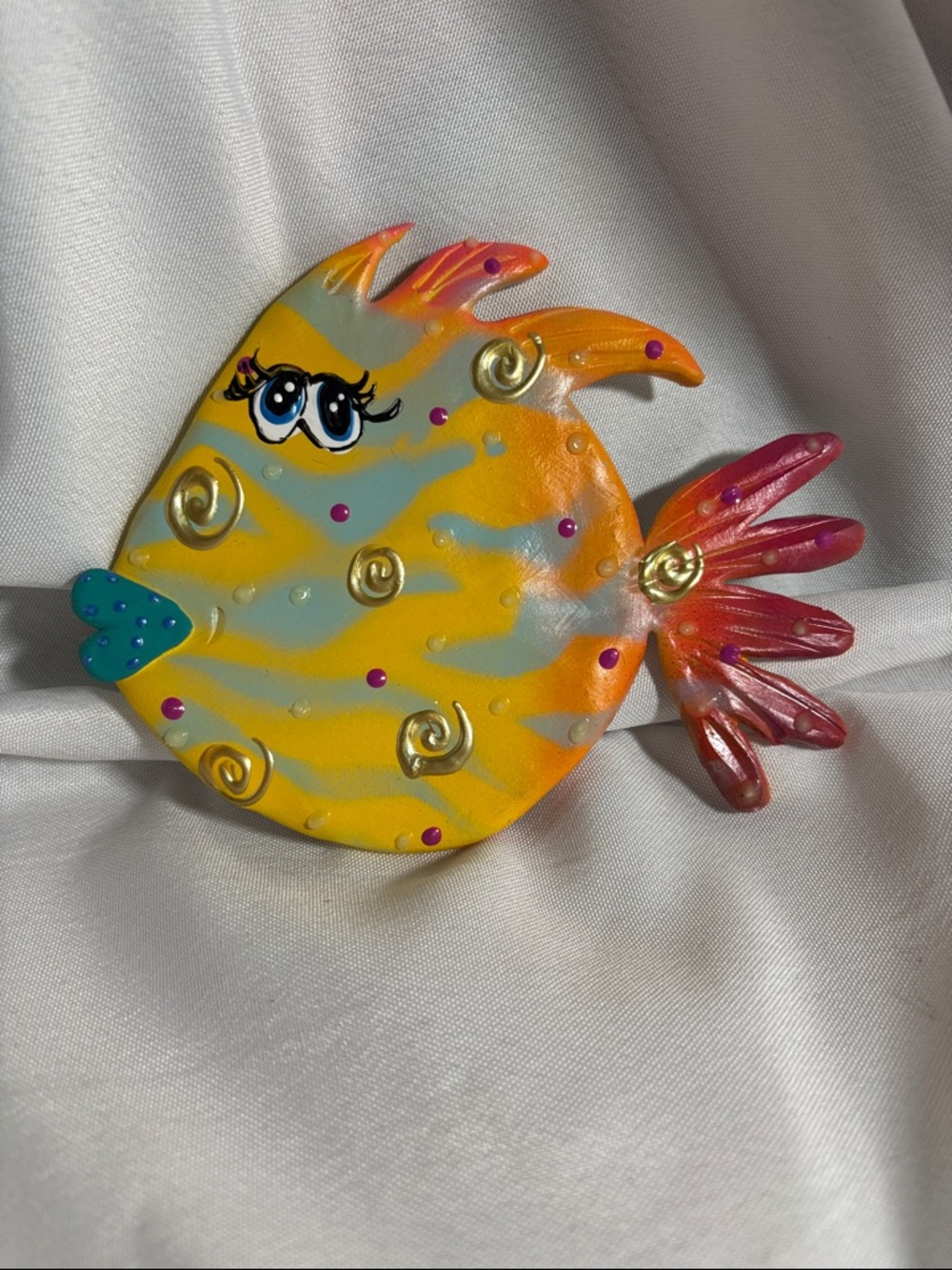 Bright Yellow Decorative Fish Ornament with Pink Tail